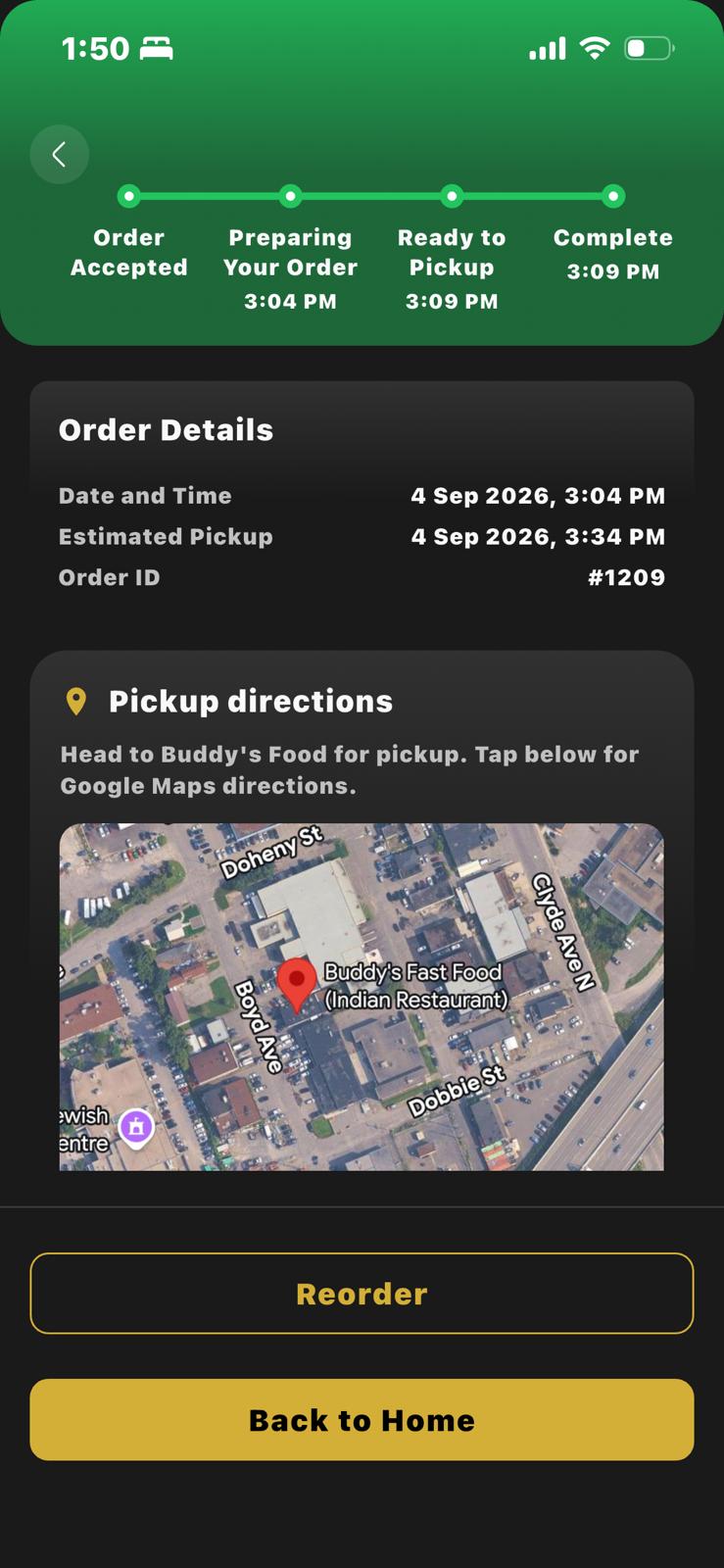 Buddy's app order complete screen