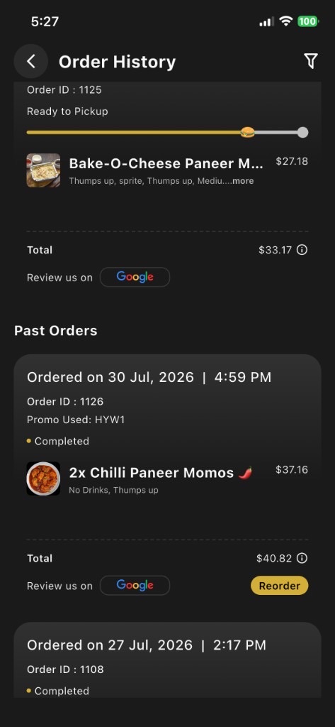 Buddy's app order history screen